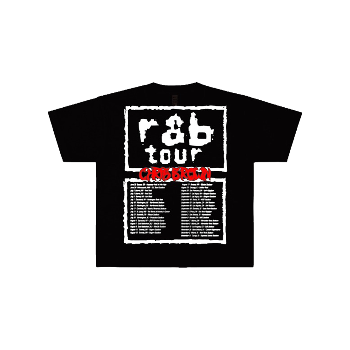 Black t-shirt with white and red text and tour dates on back