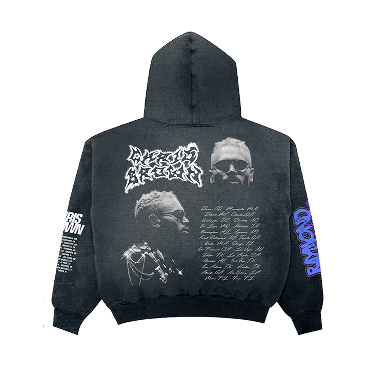 Black hoodie with graphic designs and text on the back