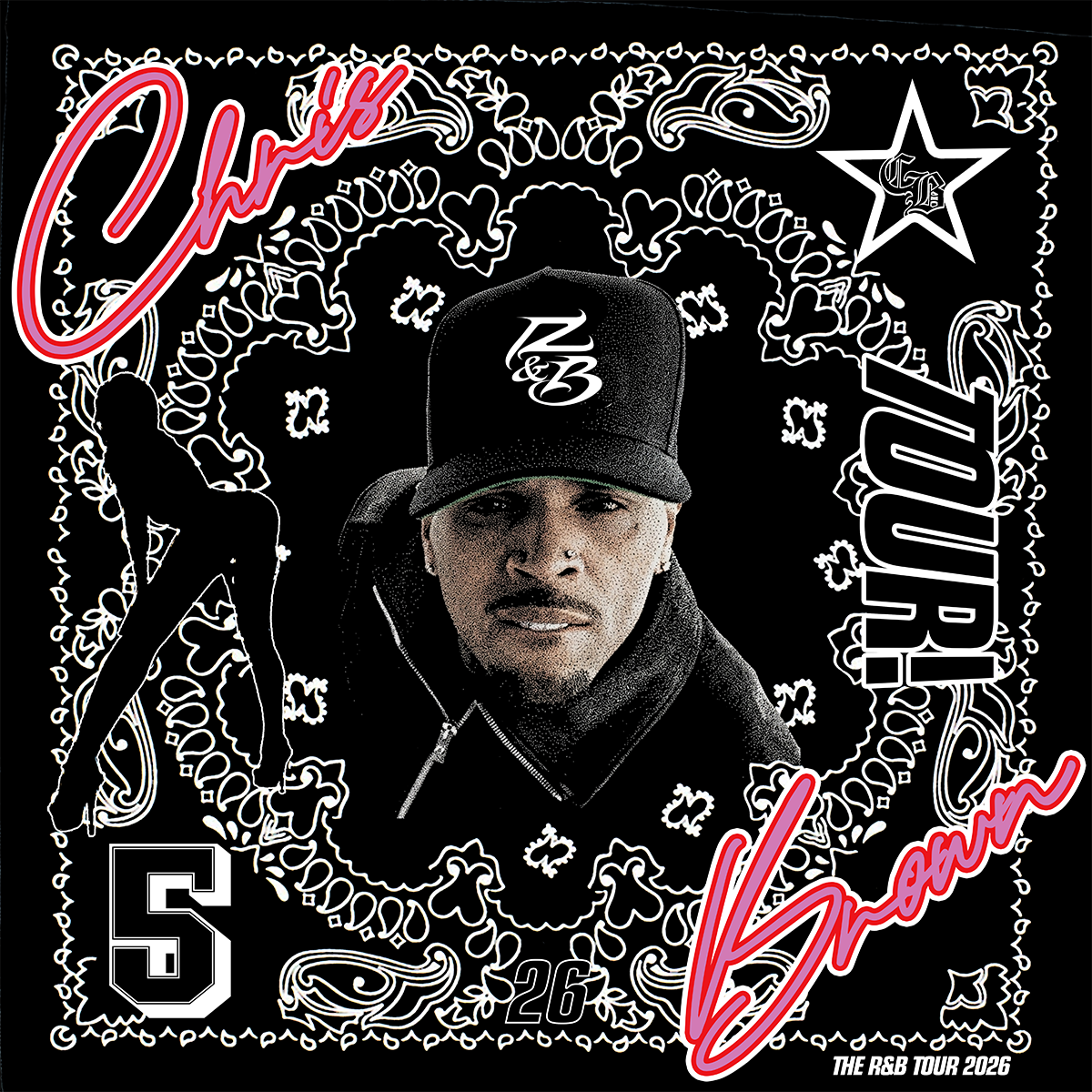 Chris Brown bandana wearing a cap, surrounded by decorative patterns and text.