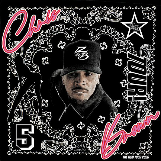 Chris Brown bandana wearing a cap, surrounded by decorative patterns and text.