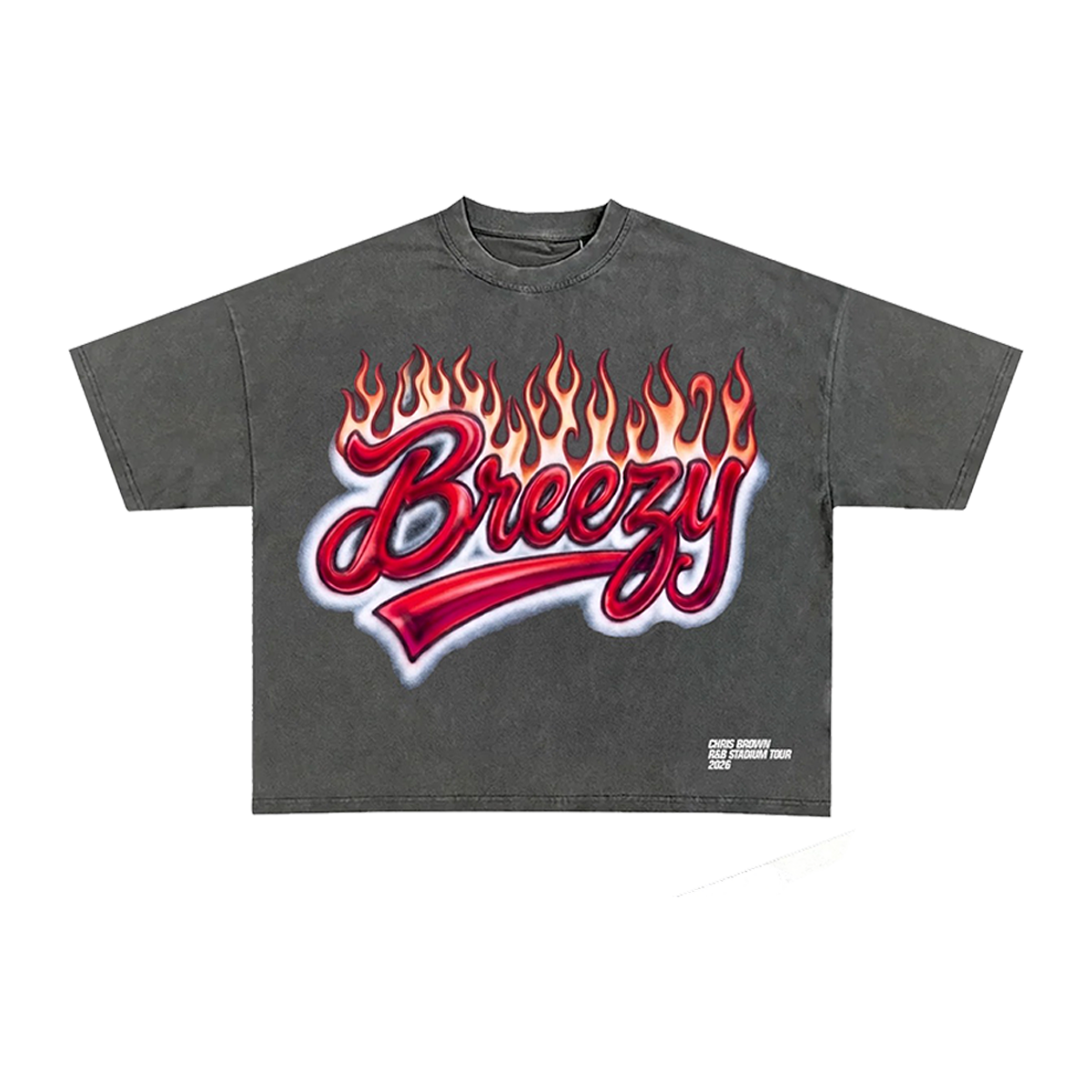 Gray t-shirt with Breezy in airbrush text with flames