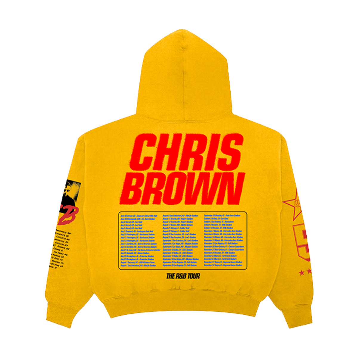 Yellow hoodie with 'Chris Brown' text on the back and R&B Tour Dates