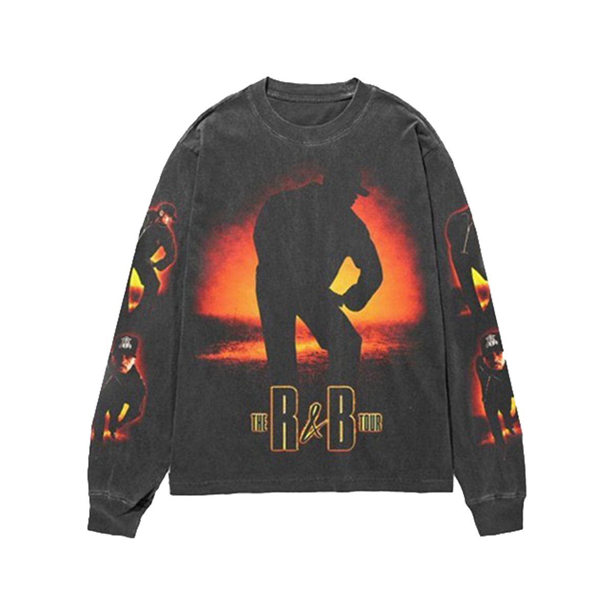 Long-sleeve shirt with graphic design of a silhouette and 'R&B' text 