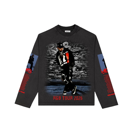 Black long-sleeve shirt with graphic design of Chris Brown and 'R&B Tour 2026' text