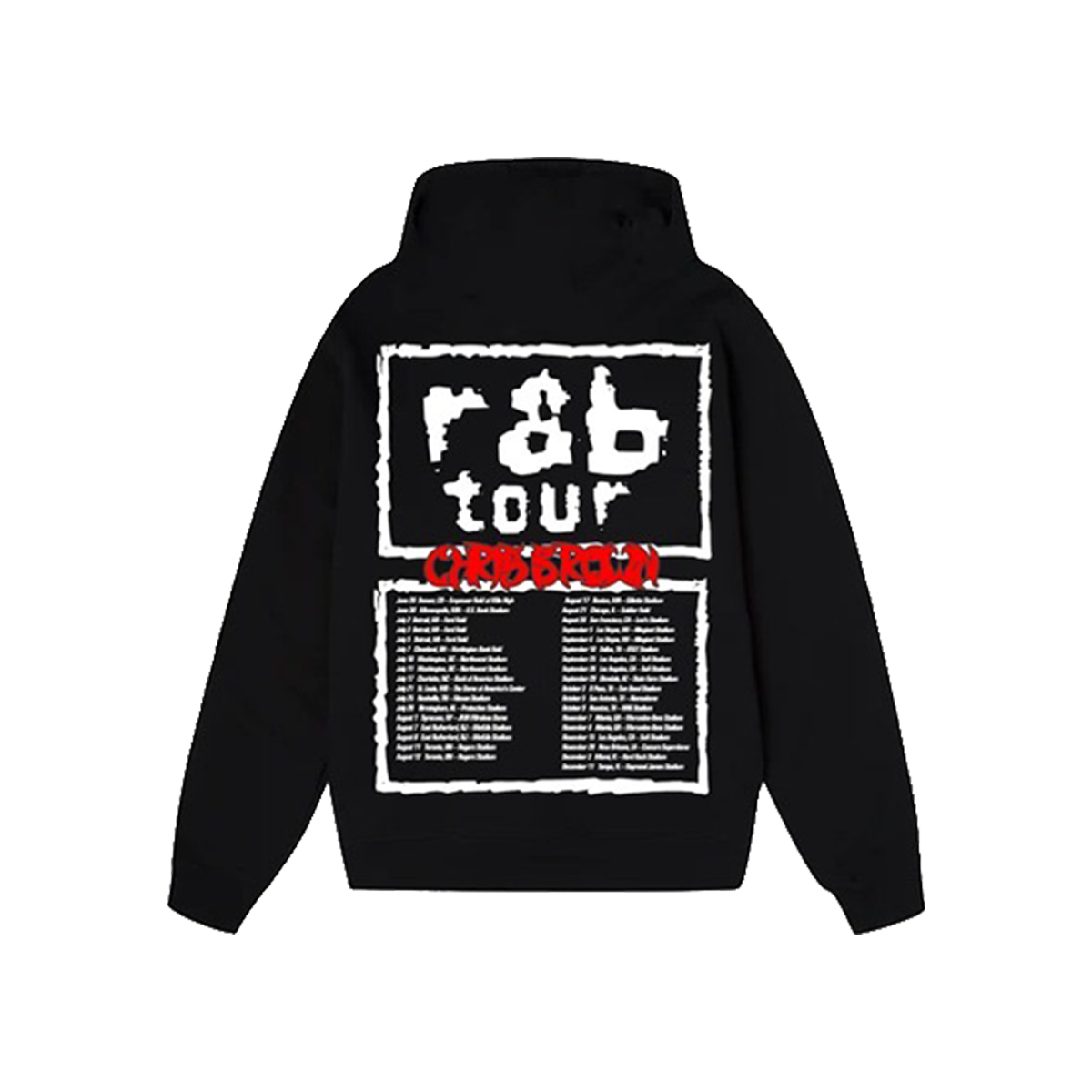 Black hoodie with white and red text and tour dates on back