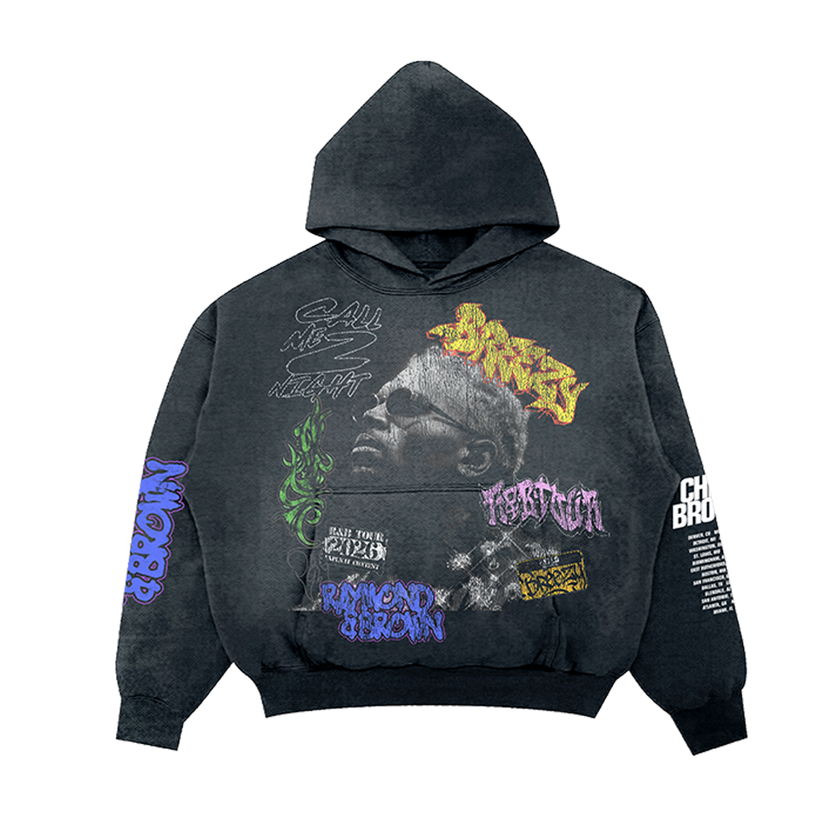 Black hoodie with colorful graphics and text 