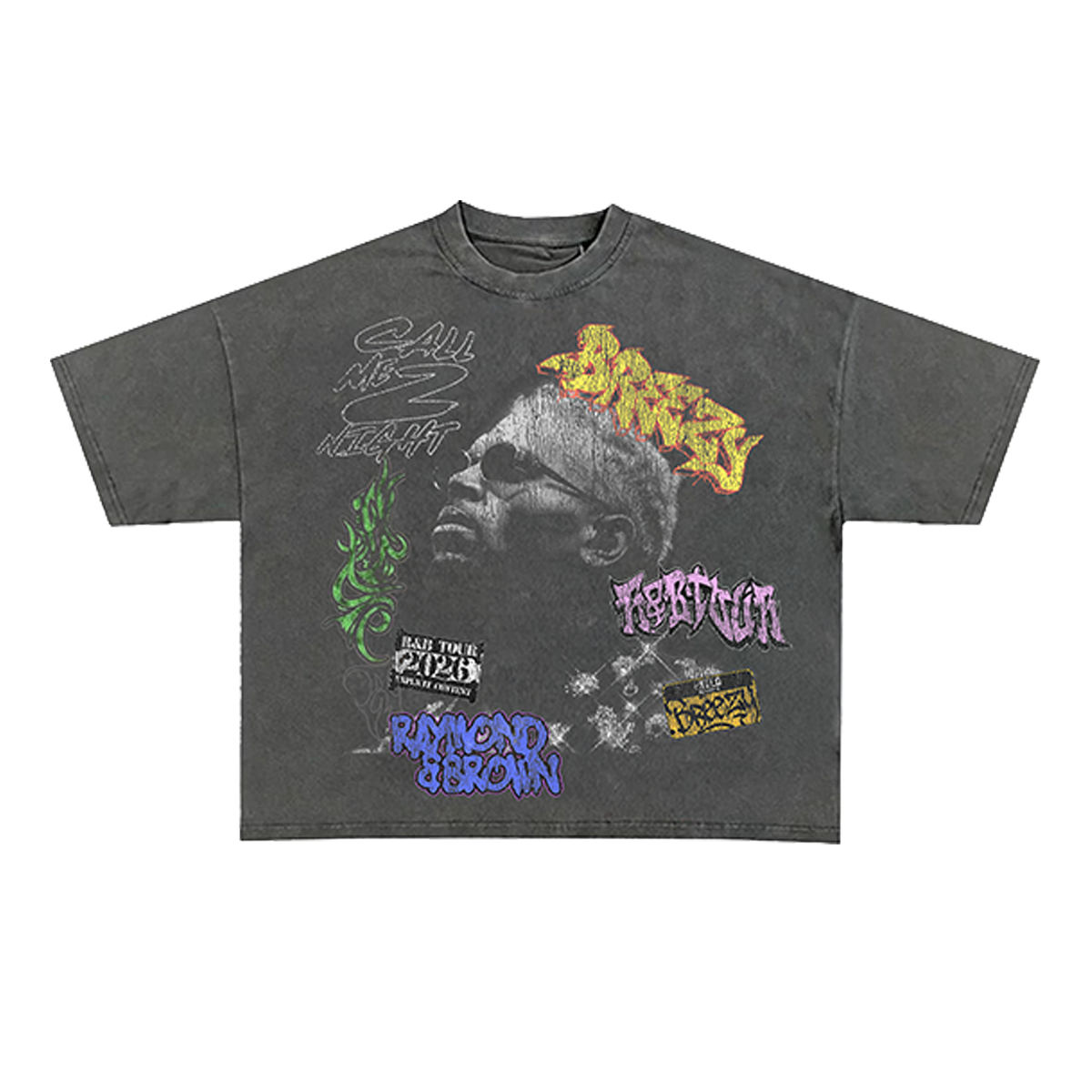 Gray t-shirt with graphic designs and text