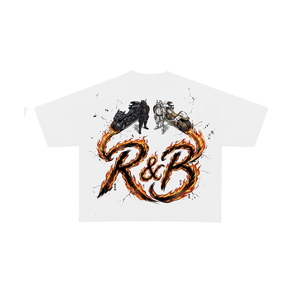 White t-shirt with 'R&B' design featuring flames and silhouettes on the back