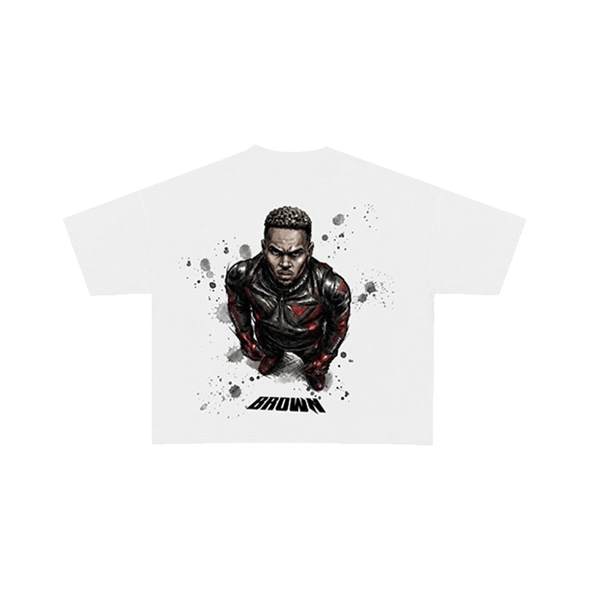 White t-shirt with a graphic Chris Brown a black outfit and 'Brown' text 