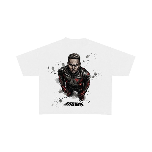 White t-shirt with a graphic Chris Brown a black outfit and 'Brown' text 