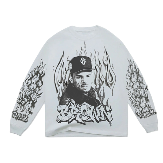 White sweatshirt with graphic design of Chris Brown wearing a cap and flames