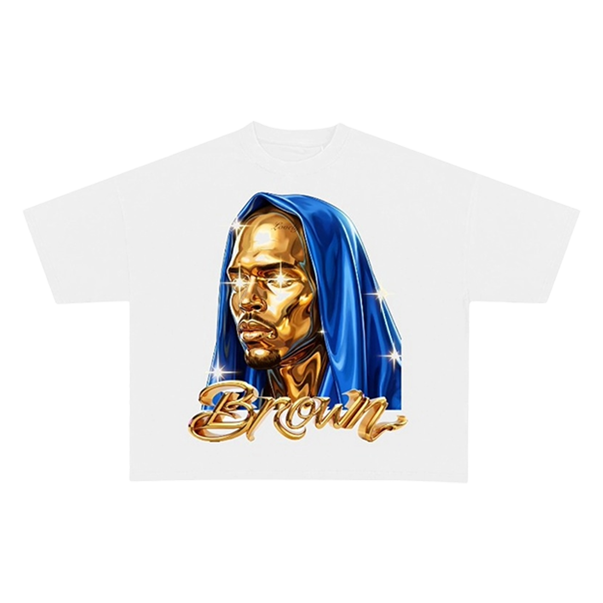 White t-shirt with a graphic of a gold face and blue headscarf 