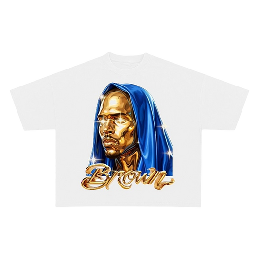White t-shirt with a graphic of a gold face and blue headscarf 